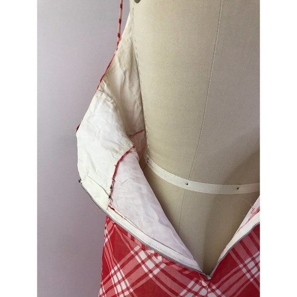 70s Gingham Maxi Dress Red Picnic Long Embroidered Garden Longsleeve 2 Piece Set - Picture 10 of 10